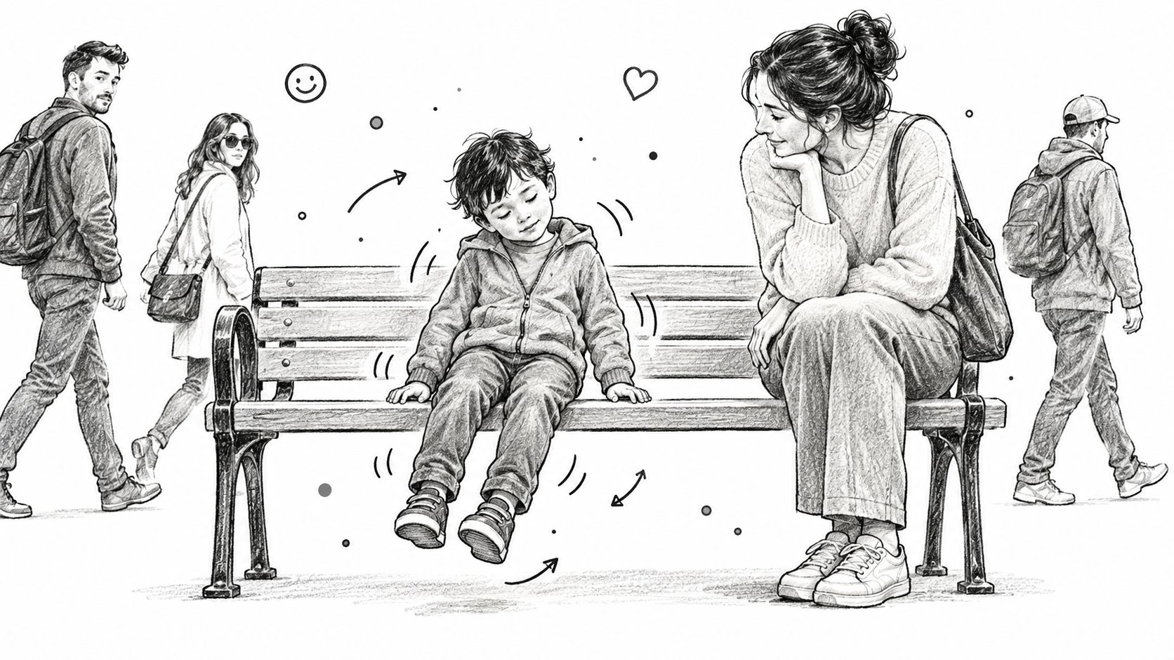 Ilustración en blanco y negro de un niño en un banco experimentando movimientos repetitivos y estimulación sensorial