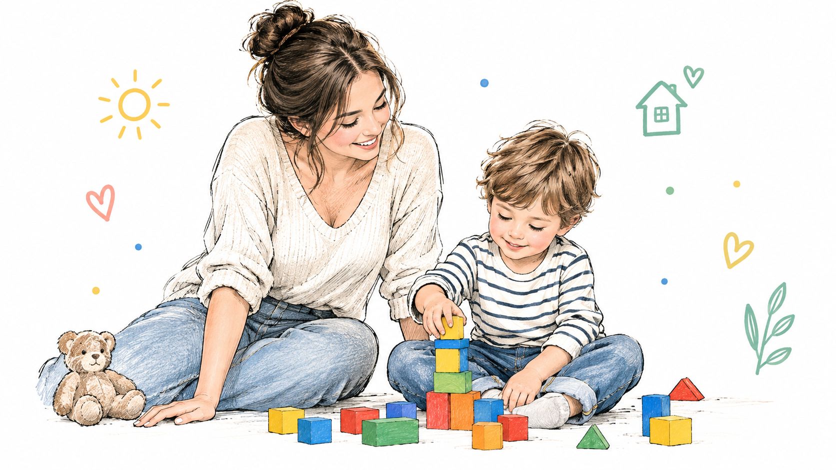 Una madre joven jugando alegremente con su pequeño hijo usando bloques de construcción coloridos en casa.