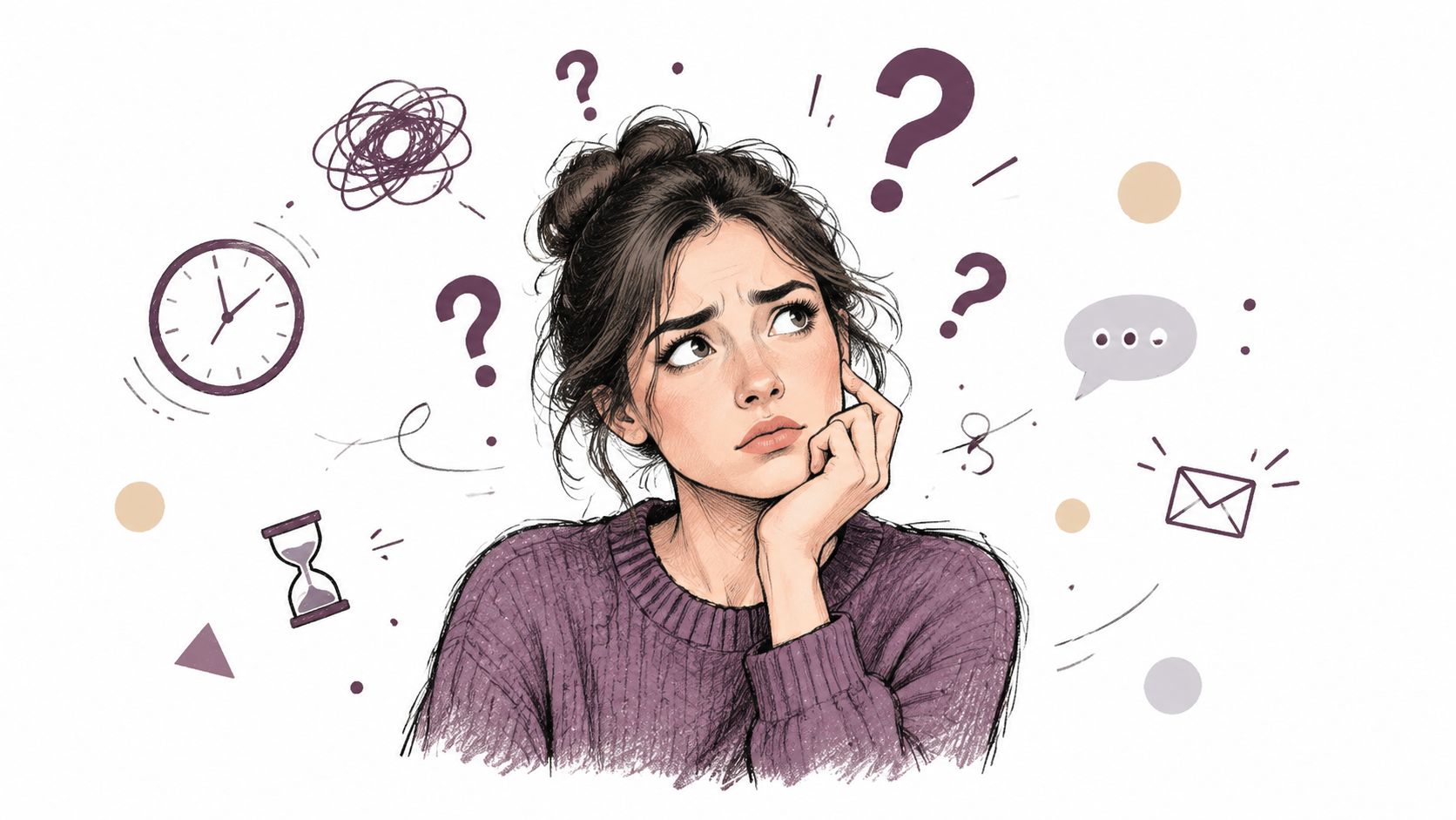Una ilustración de una mujer joven pensativa con expresión de confusión rodeada de iconos de interrogación