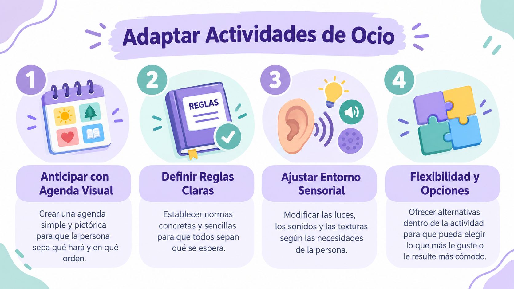 Infografía sobre cómo adaptar actividades de ocio usando agendas visuales, reglas claras, ajustes sensoriales y flexibilidad.