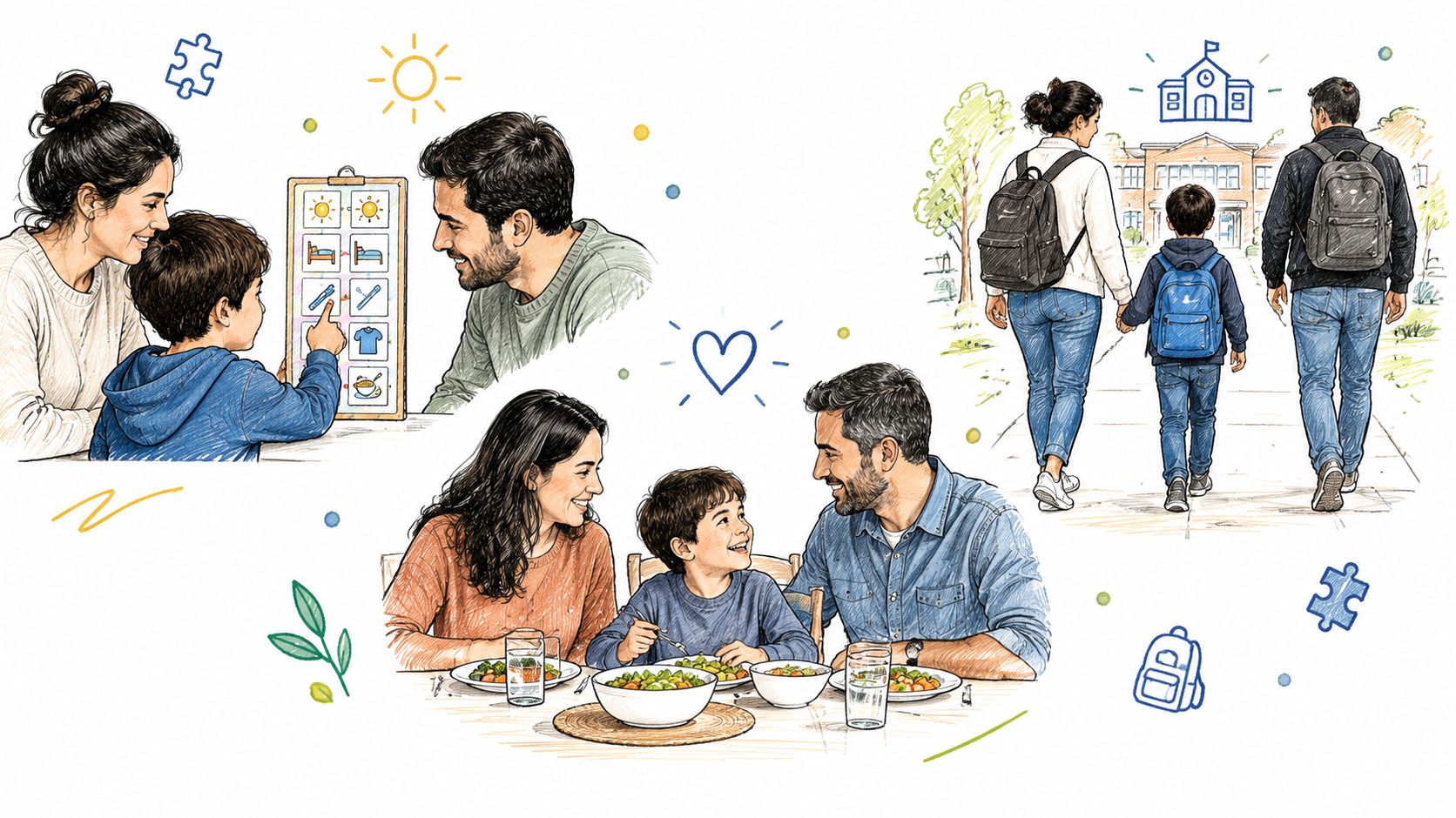 Ilustración de una familia feliz en actividades cotidianas, incluyendo una rutina visual y comida saludable.