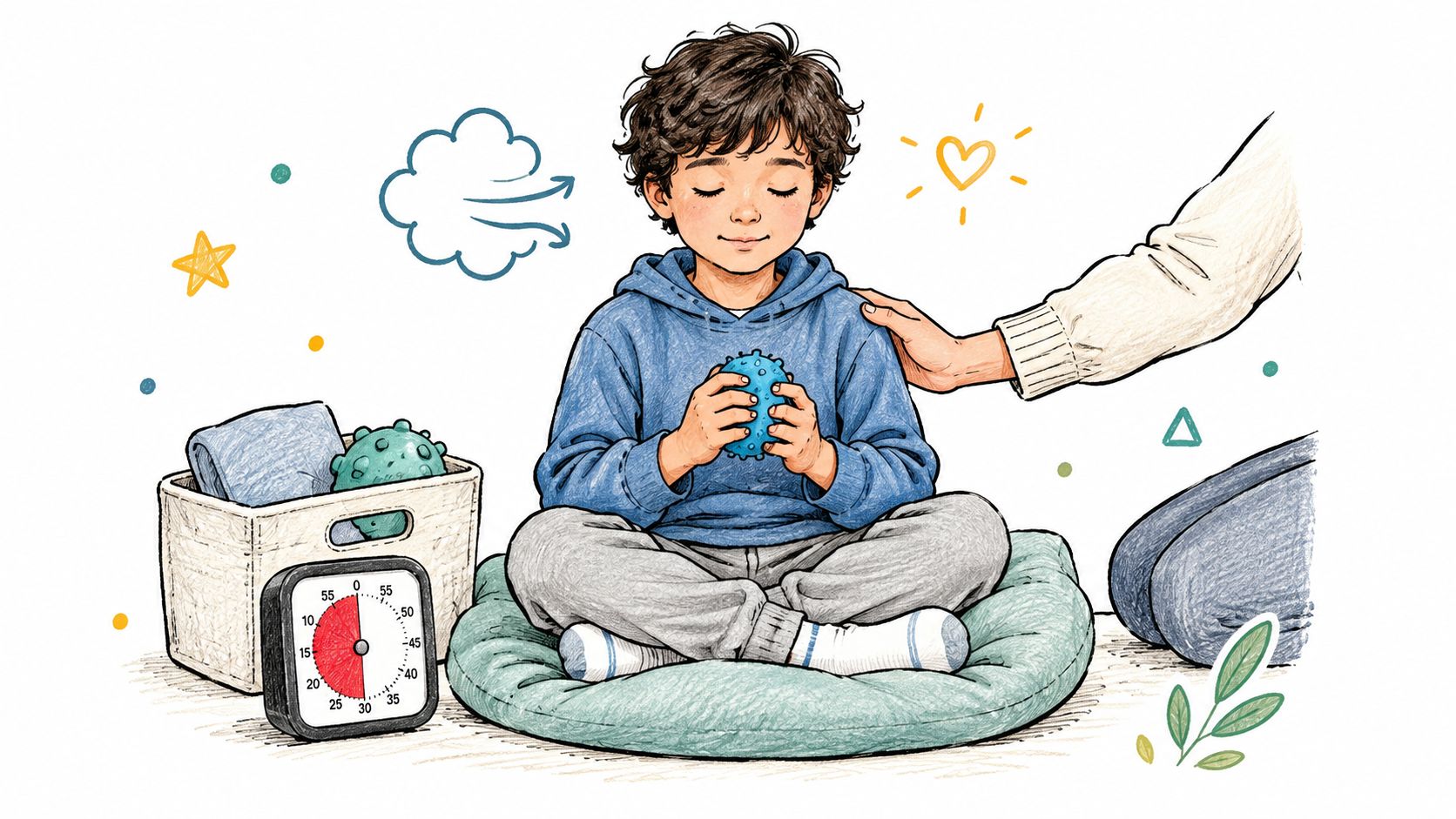 Niño sentado en postura de meditación respirando profundamente mientras sostiene una pelota sensorial para gestionar sus emociones.