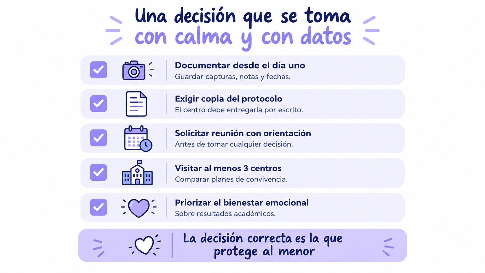 Infografía con consejos sobre cómo tomar una decisión calmada y basada en datos al cambiar de centro educativo.
