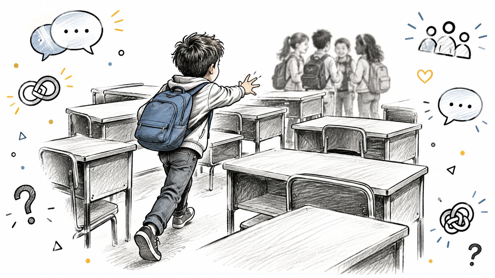 Un niño con mochila se dirige hacia sus compañeros de clase mientras siente dificultad para comunicarse socialmente.