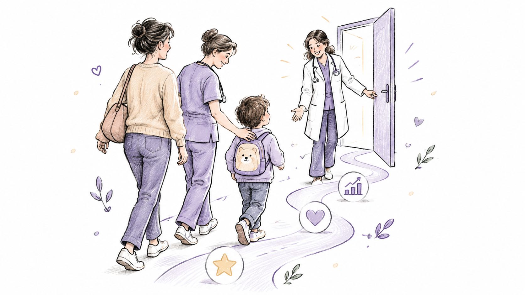 Una madre y un profesional de salud acompañan a un niño pequeño hacia la consulta del pediatra.