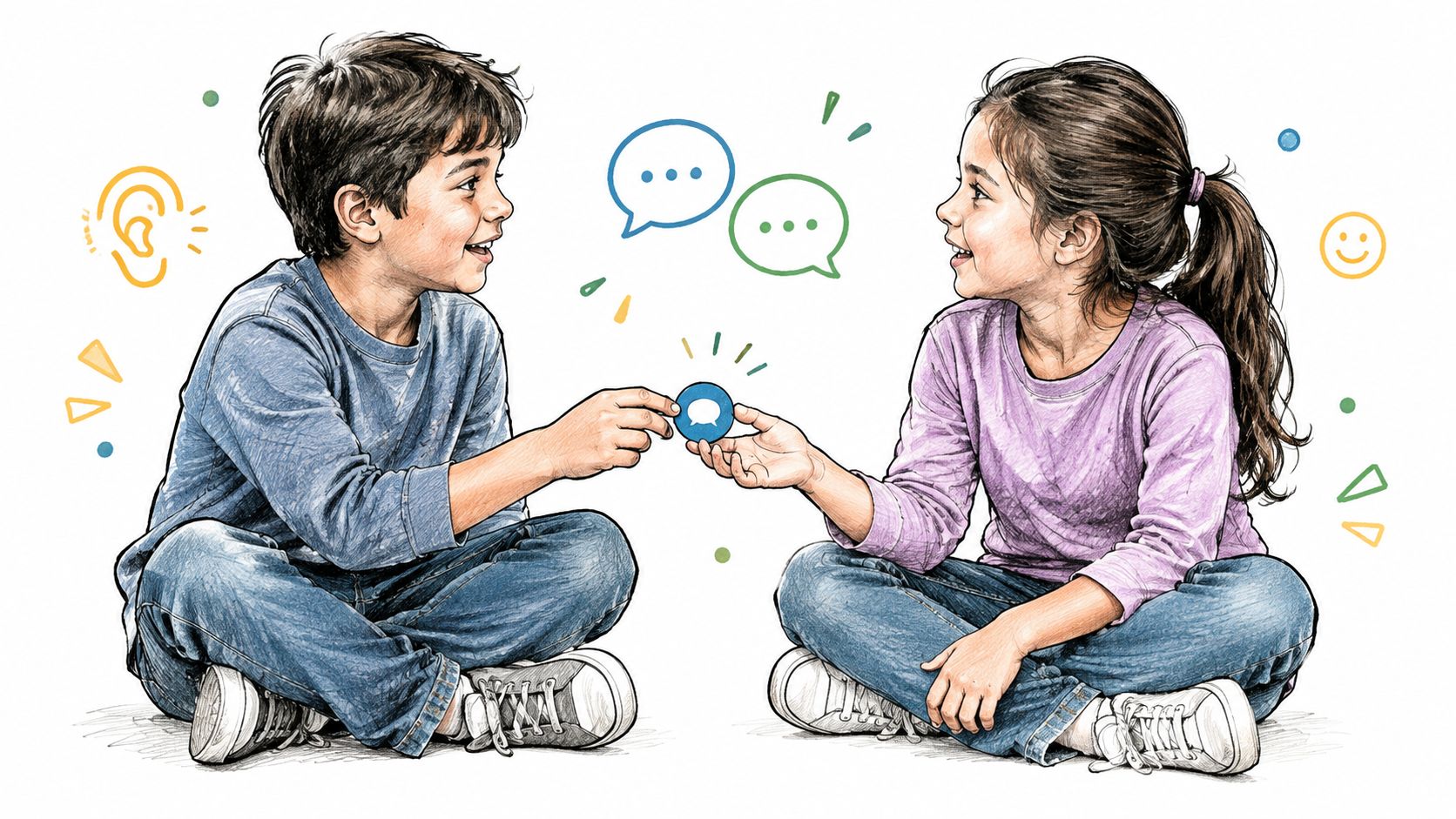 Dos niños sentados en el suelo intercambiando un icono de chat, representando habilidades socioemocionales y comunicación asertiva.