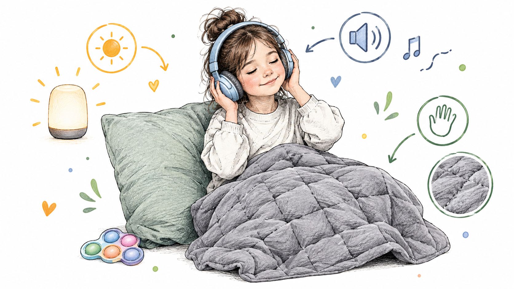 Niña relajada escuchando música con auriculares, utilizando manta sensorial y luz suave para autorregulación emocional en casa.