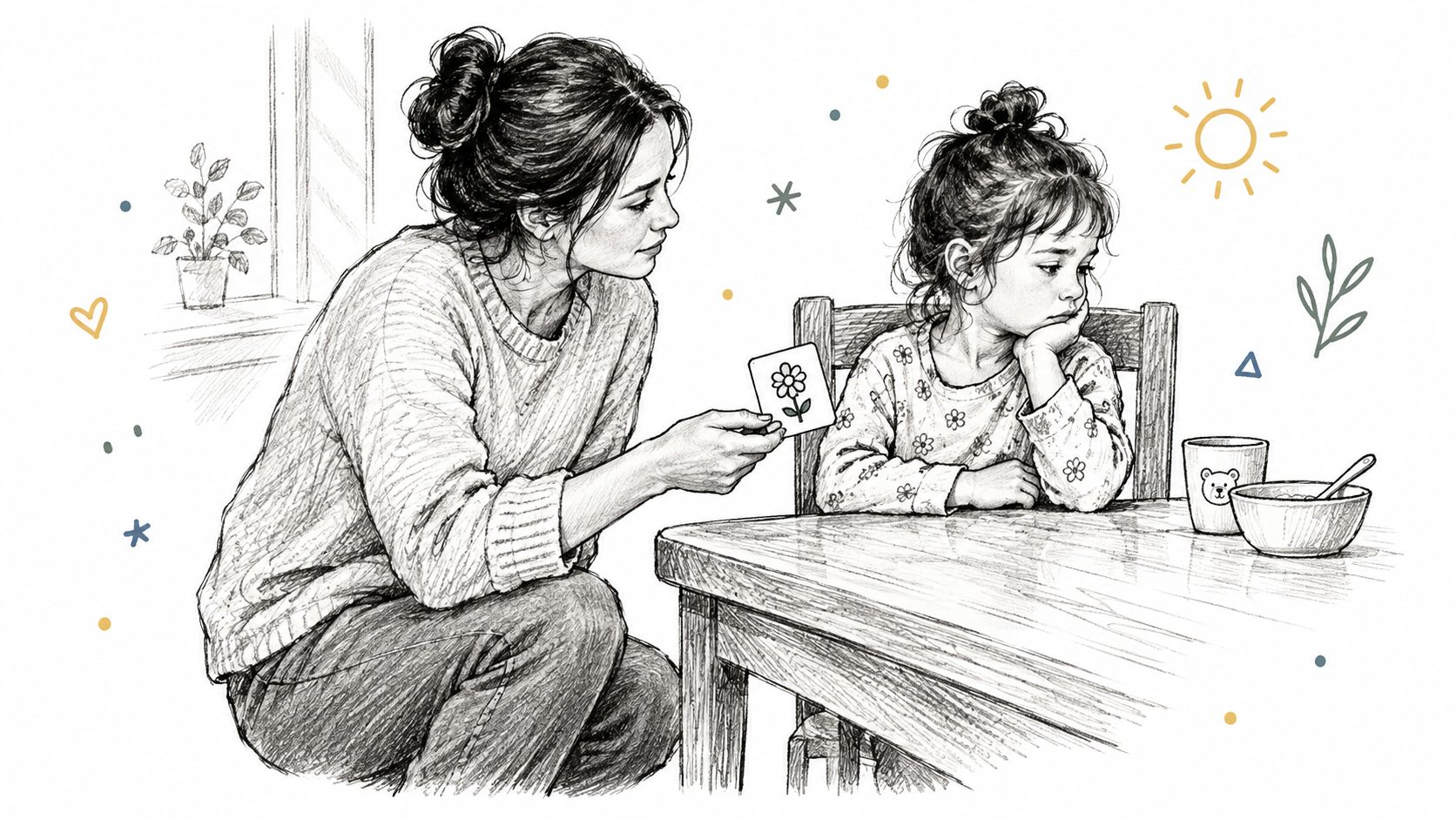 Una madre interactúa pacientemente con su hija pequeña usando una tarjeta didáctica educativa en una mesa.