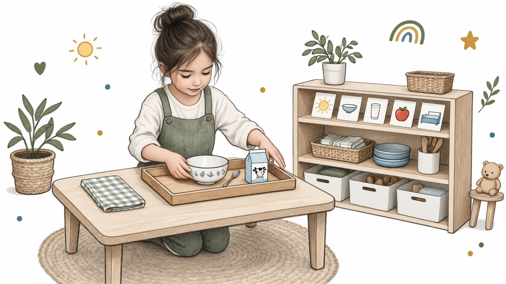 Niña pequeña realizando una actividad educativa Montessori con cuencos, leche y tarjetas didácticas en una mesa baja.