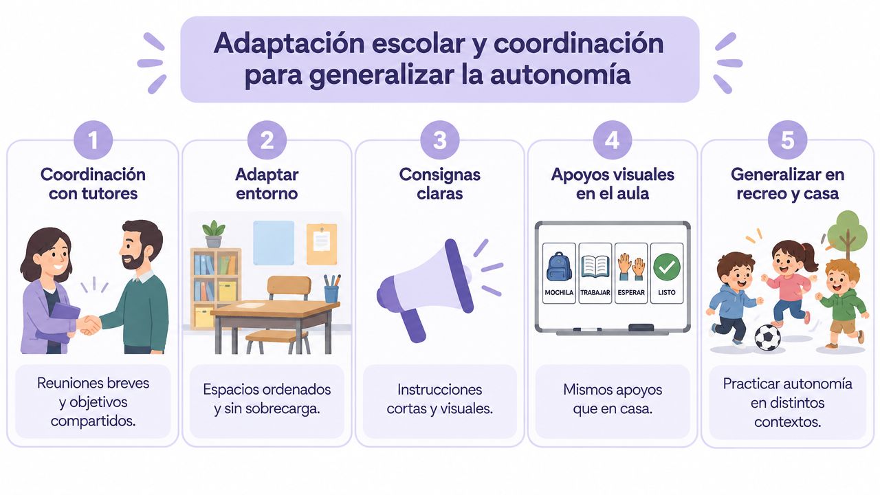 Infografía sobre adaptación escolar para fomentar la autonomía en niños con necesidades educativas especiales en distintos entornos.