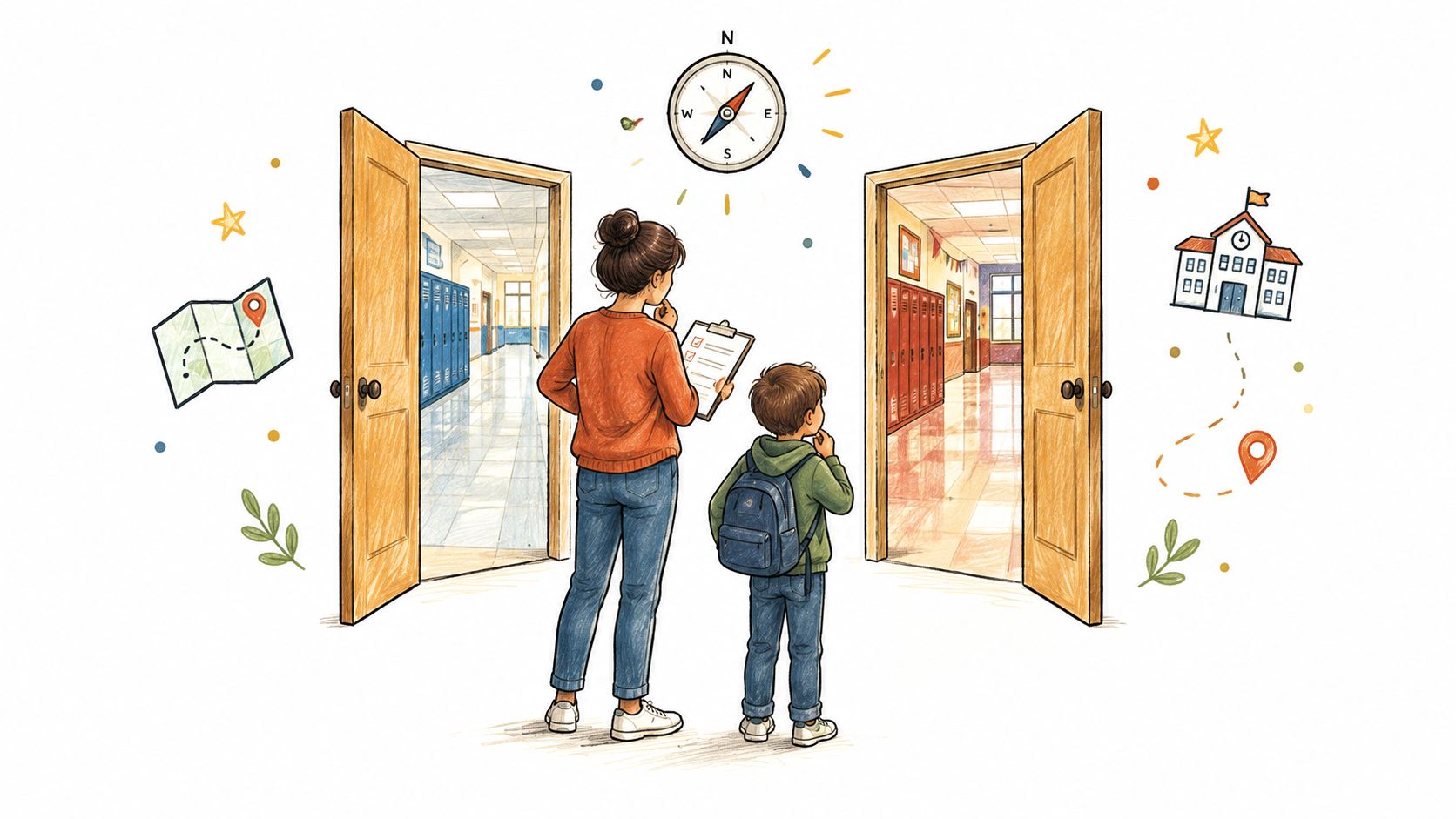 Una madre y su hijo pequeño frente a dos puertas abiertas hacia pasillos de escuela, tomando decisiones.