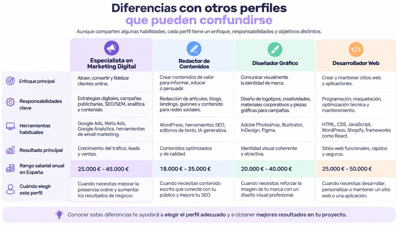 Tabla comparativa de perfiles digitales: especialista en marketing, redactor, diseñador gráfico y desarrollador web con sus funciones.