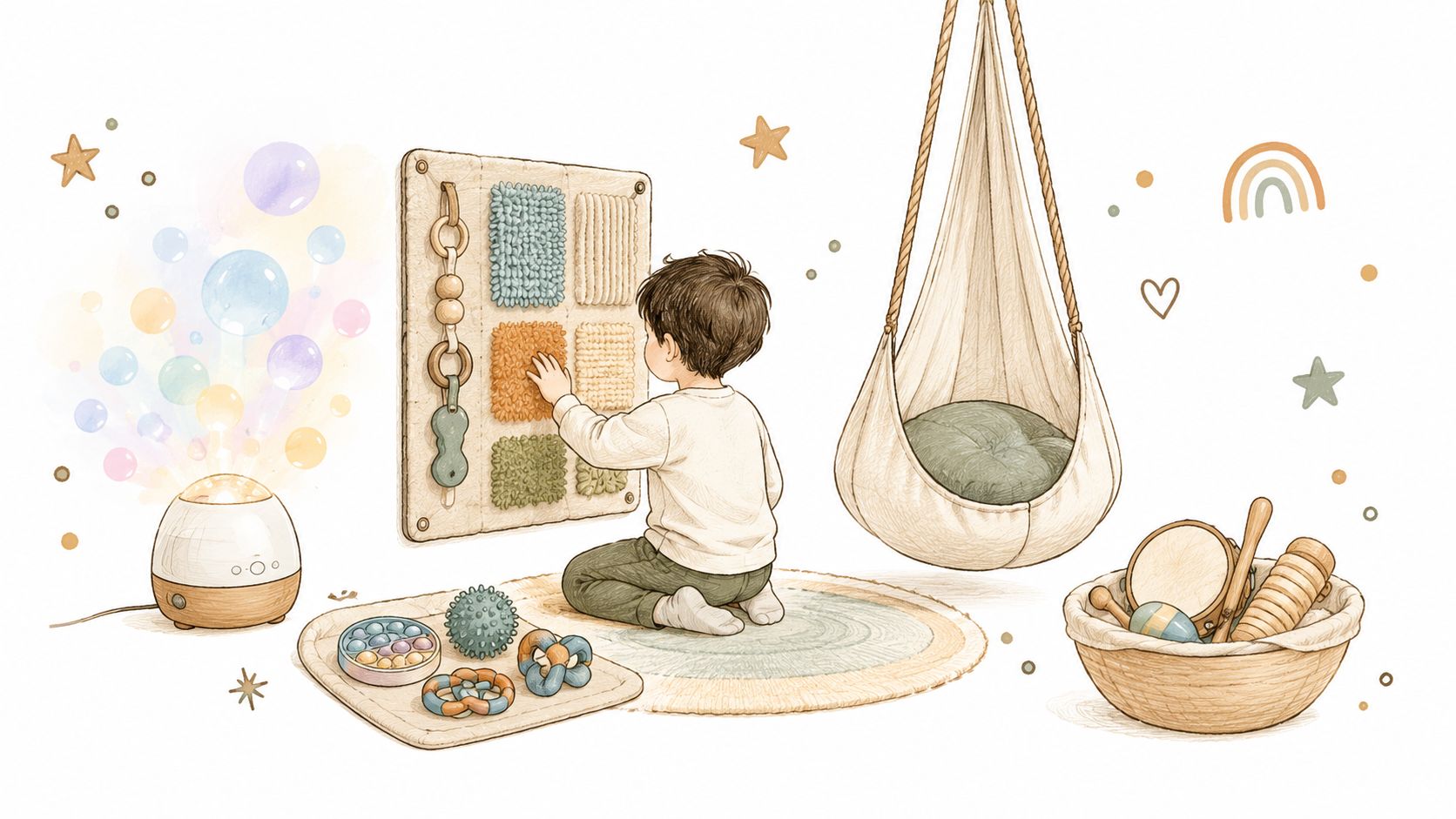 Un niño pequeño jugando felizmente con diversos juguetes sensoriales en una habitación decorada de forma relajante y acogedora.