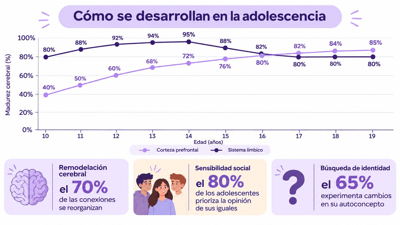 Gráfico mostrando el desarrollo cerebral en la adolescencia comparando la corteza prefrontal y el sistema límbico.