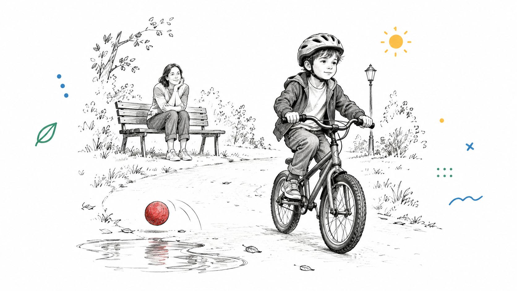 Un niño con casco anda en bicicleta por un parque mientras una mujer observa sentada en el banco.