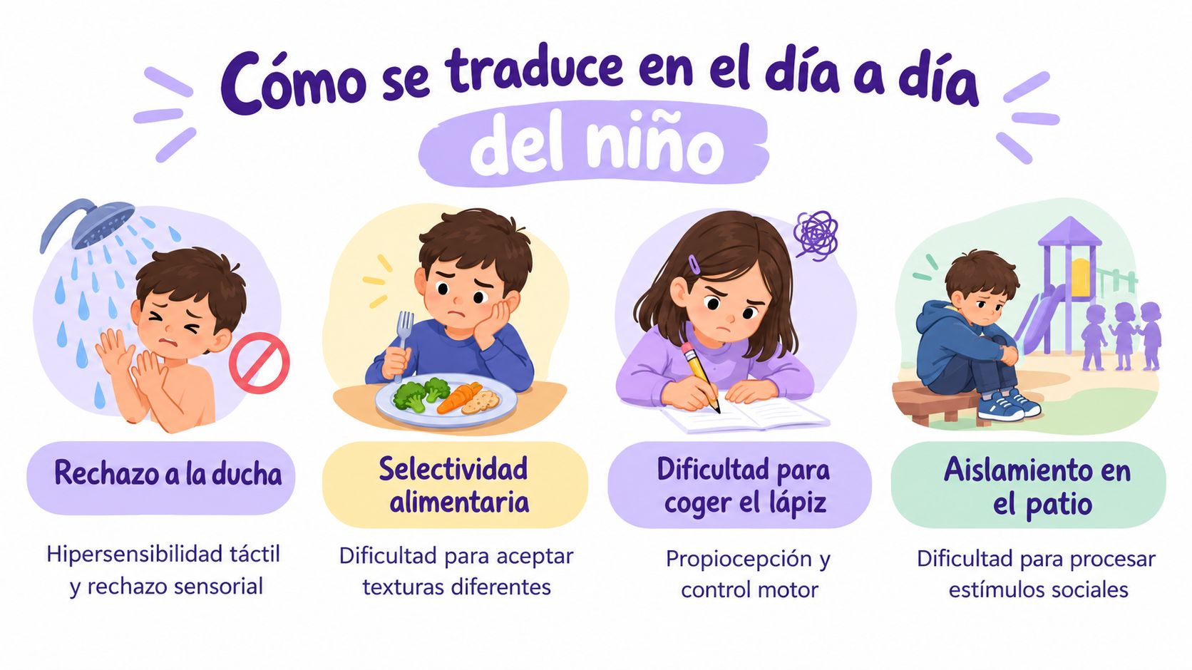 Ilustración educativa mostrando desafíos cotidianos en niños con dificultades de integración sensorial, incluyendo rechazo, alimentación y socialización.