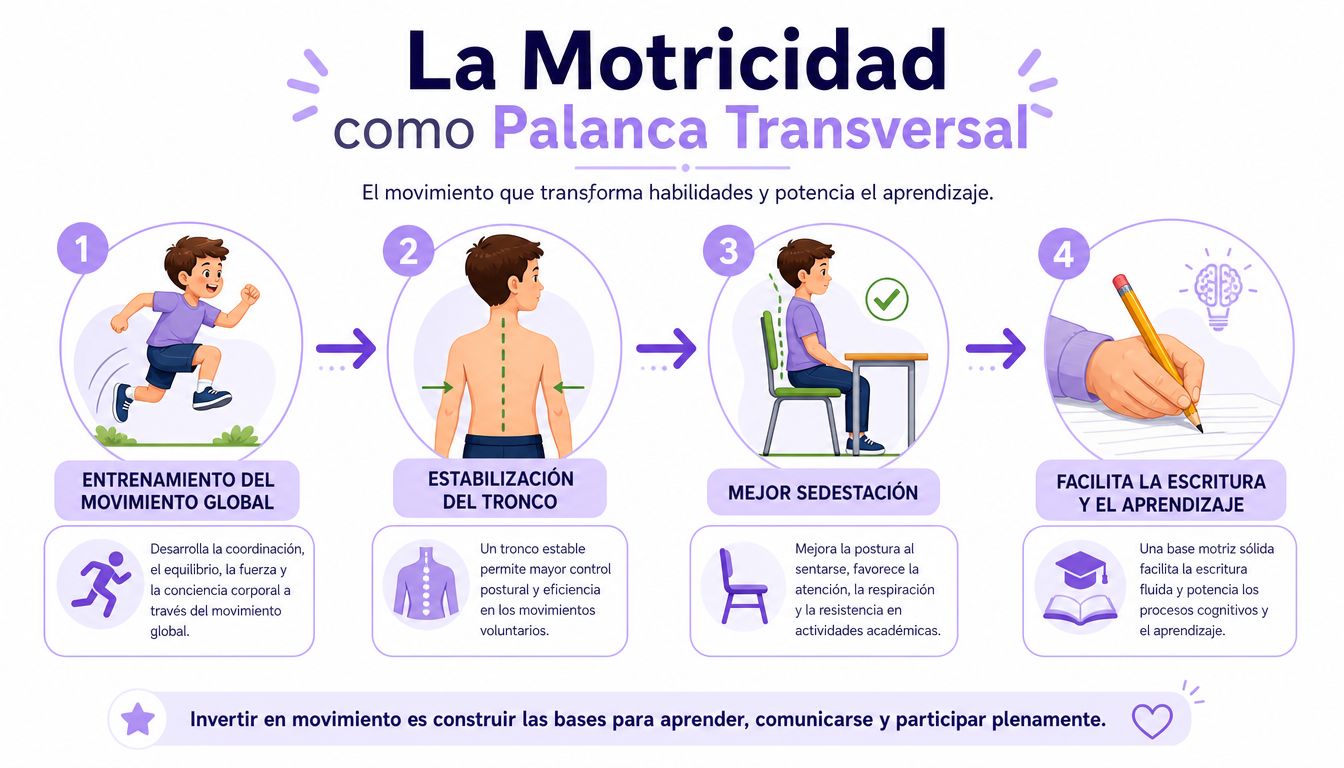Infografía sobre la motricidad como palanca transversal, mostrando el proceso del desarrollo motor al aprendizaje académico.