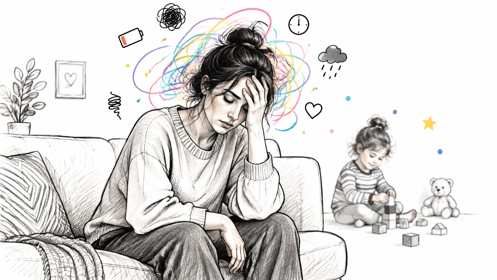 Una madre cansada sentada en el sofá con pensamientos caóticos mientras su hija juega cerca en casa.