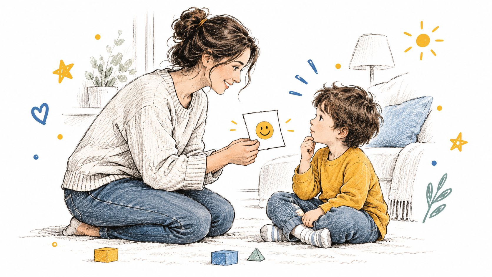 Una madre muestra una tarjeta con un emoticono sonriente a su hijo pequeño mientras juegan juntos.