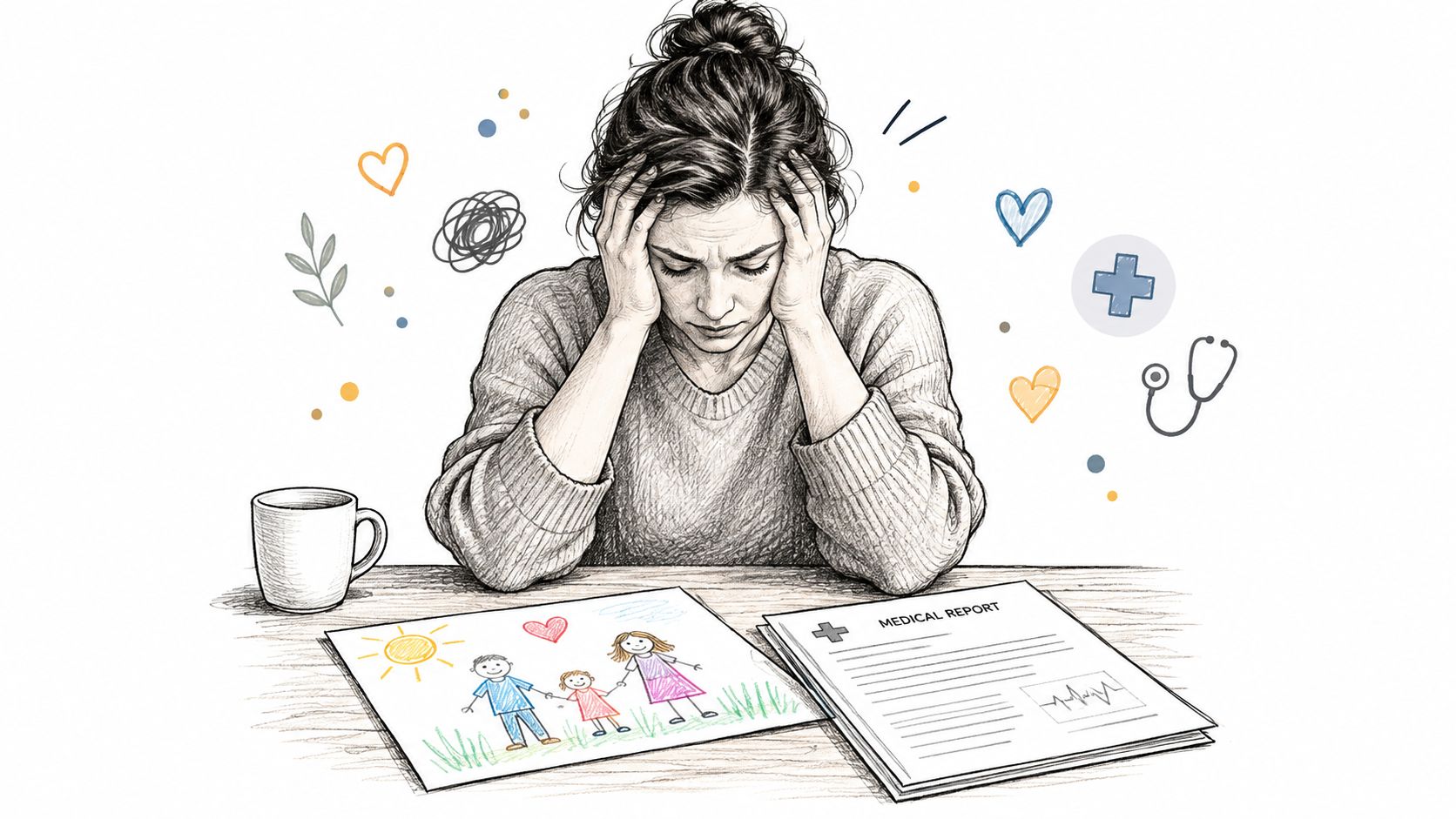 Una mujer preocupada sentada ante un informe médico y un dibujo infantil que representa a su familia.