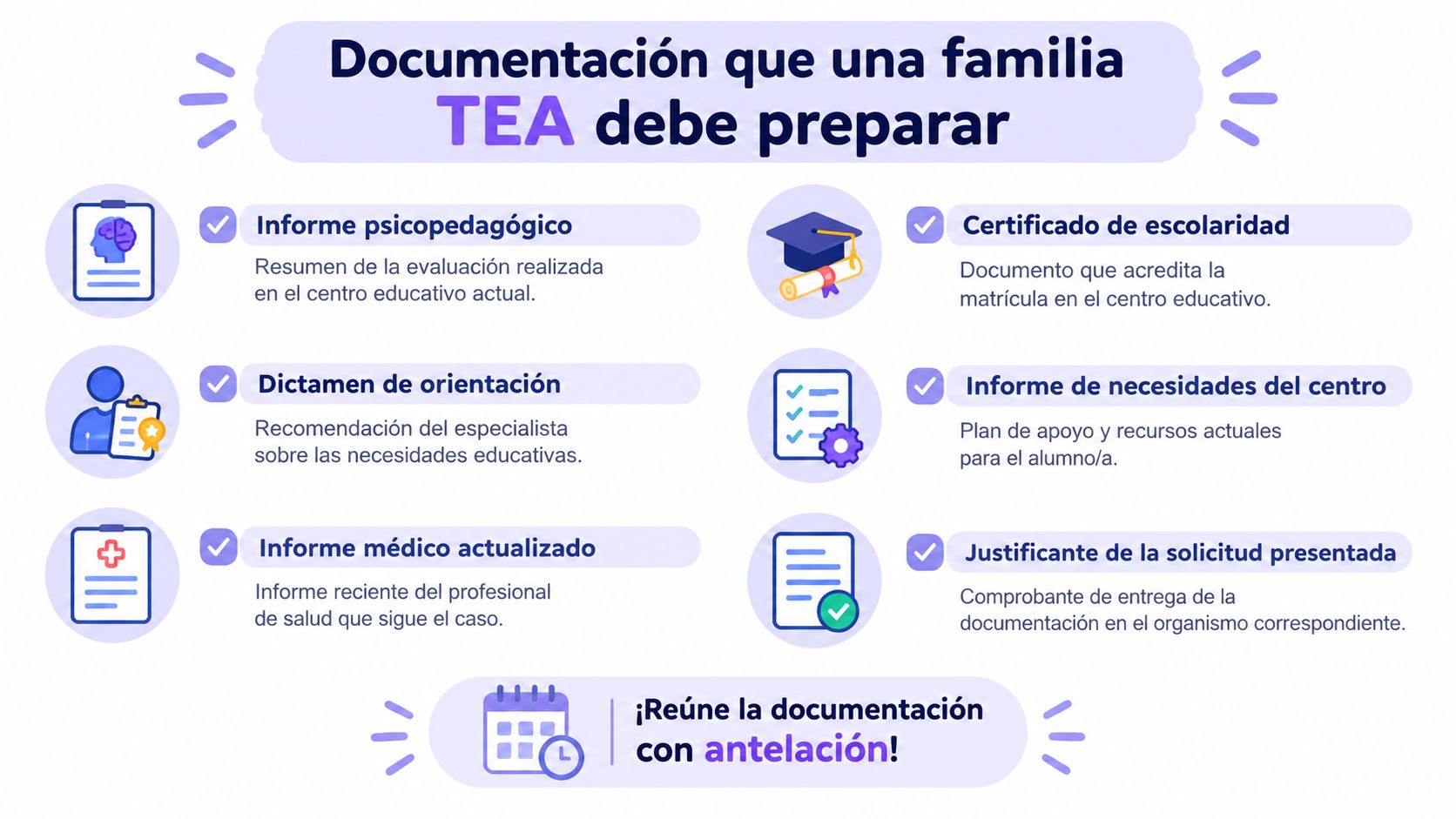 Infografía sobre la documentación necesaria para familias TEA al solicitar un cambio de centro educativo escolar.