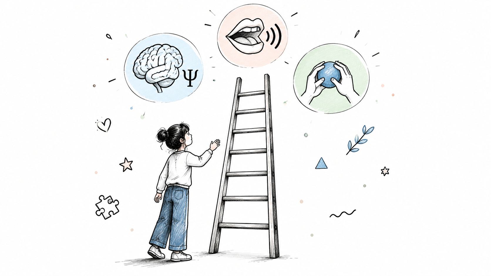 Una niña frente a una escalera con iconos que representan el cerebro, el habla y la acción.