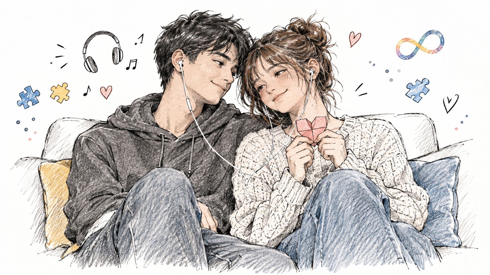 Una pareja joven escuchando música juntos, simbolizando el amor en el espectro autista con corazones y piezas de rompecabezas.