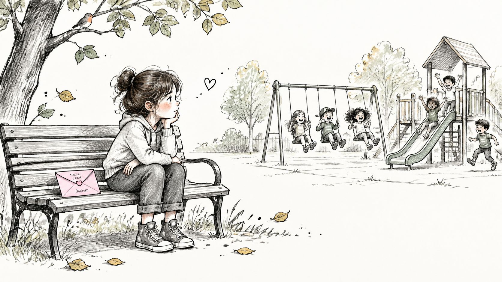 Una niña pensativa sentada en un banco de parque observando a otros niños jugando en un columpio.