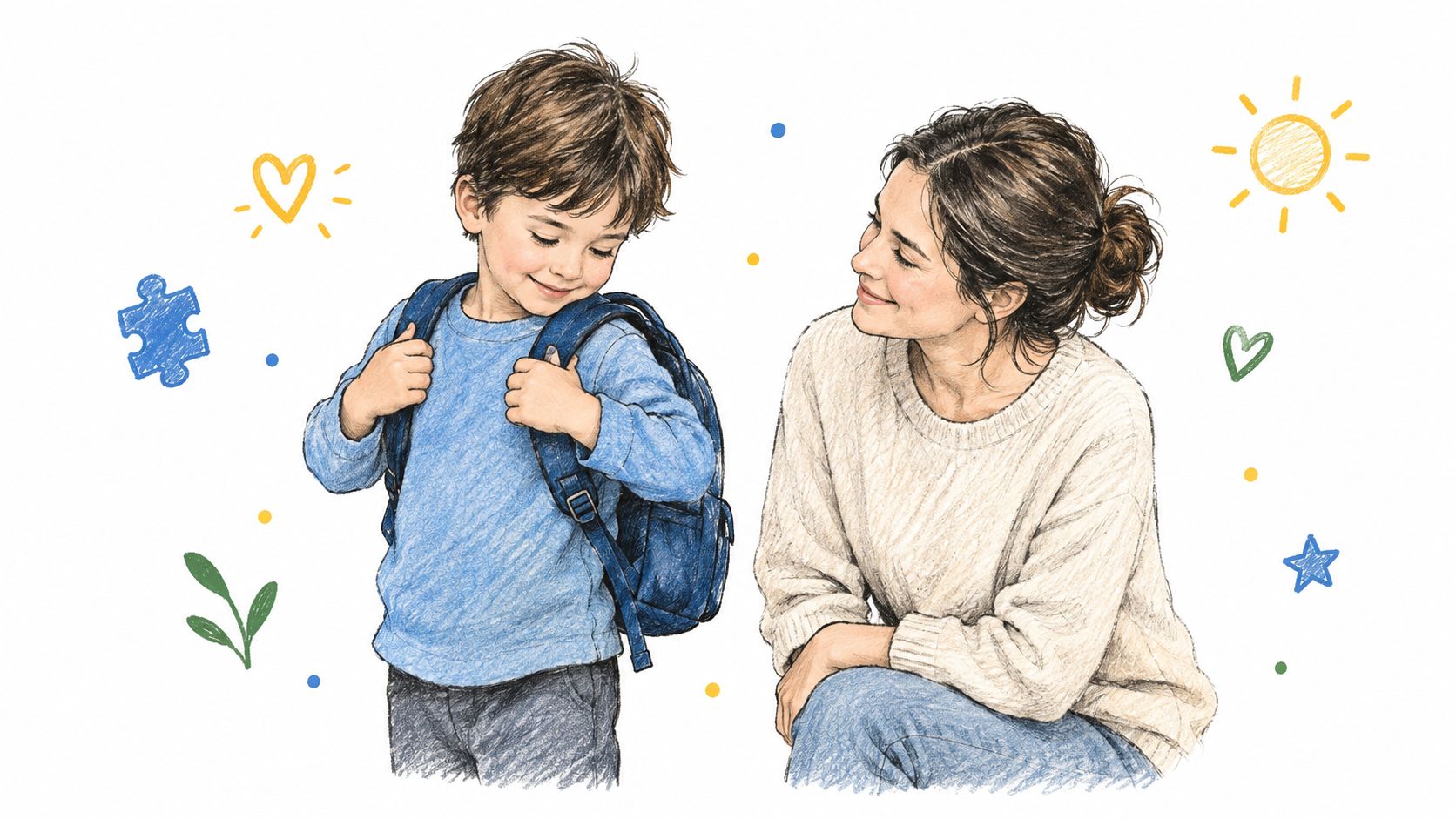 Una madre sonriente observa a su hijo con mochila, concepto de autismo e independencia en estilo ilustración.
