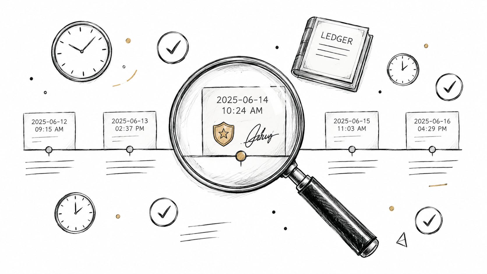 A hand-drawn illustration showing a timeline with a magnifying glass examining a secure transaction date and signature.