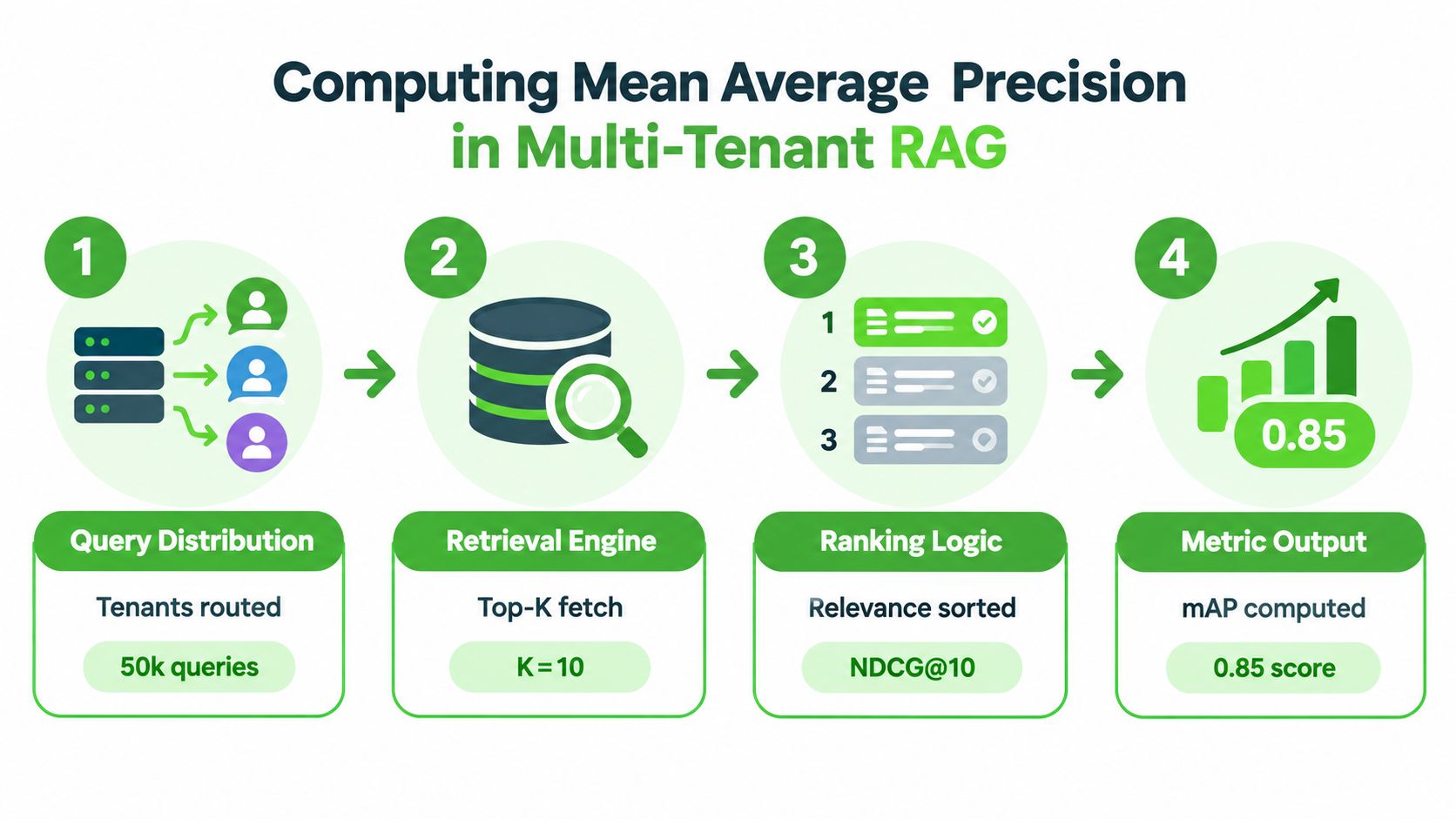 A diagram illustrating the four steps for computing Mean Average Precision in a multi-tenant RAG system.
