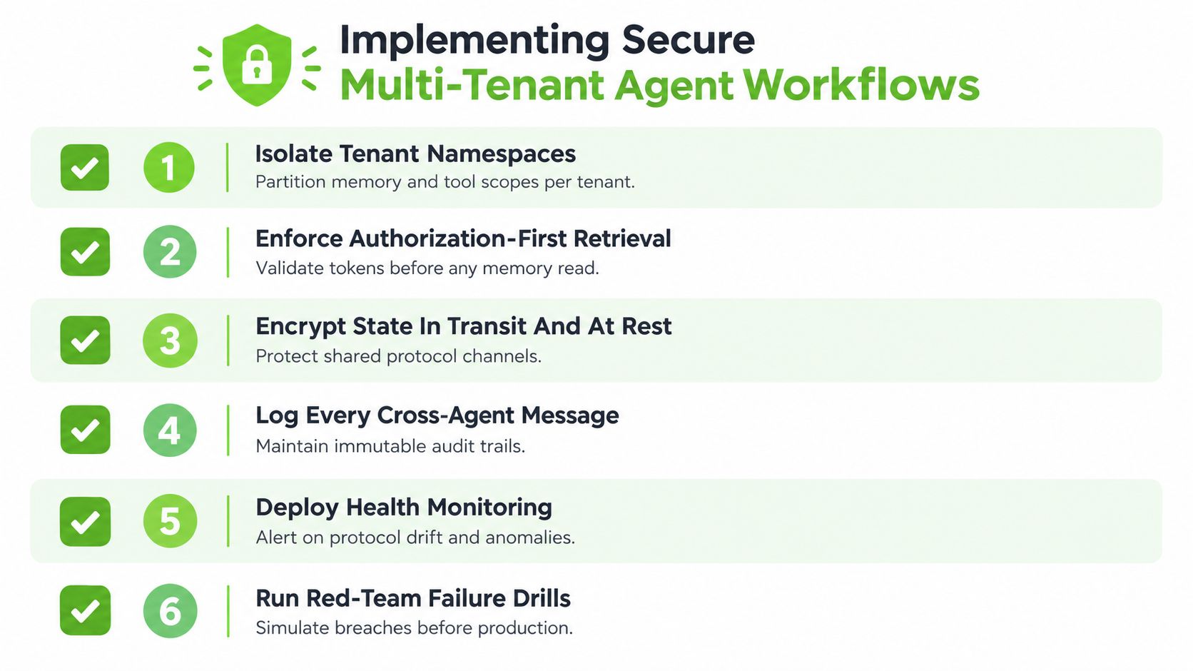 A checklist infographic outlining six essential security measures for implementing secure multi-tenant agent workflows.