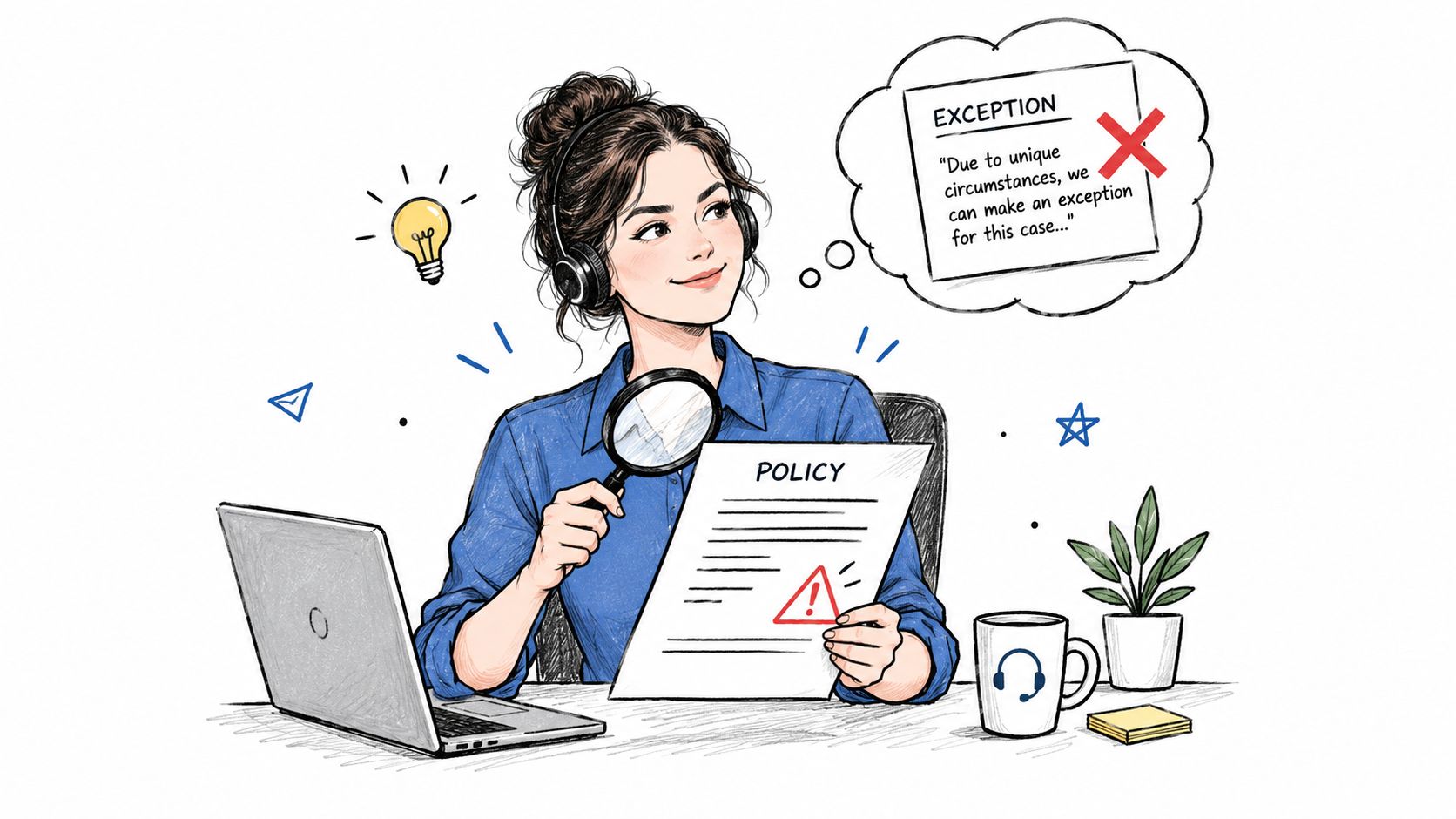 A professional woman wearing a headset examining a document with a magnifying glass while considering an exception