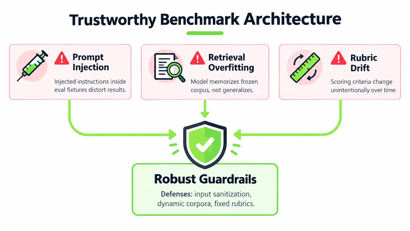A diagram illustrating a Trustworthy Benchmark Architecture showing common evaluation pitfalls and their corresponding robust guardrail defenses.