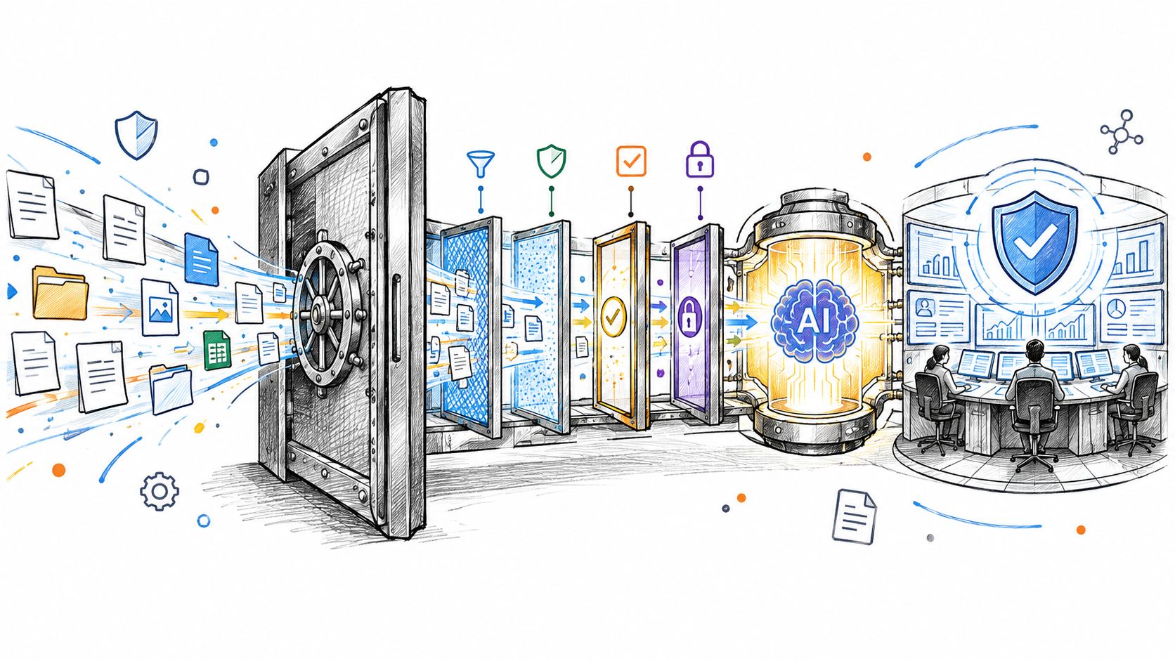 A digital illustration showing data flowing from documents into a secure vault, through filters, and into an AI engine.