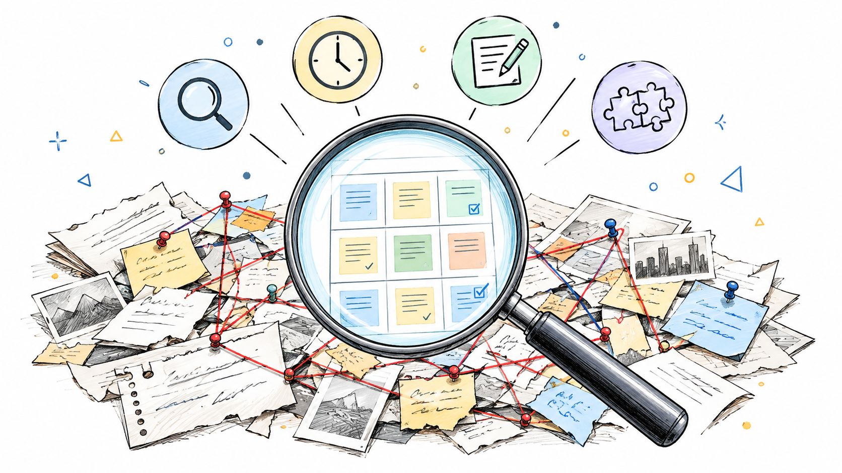 A magnifying glass focusing on a task grid over a cluttered desk with notes and photos.