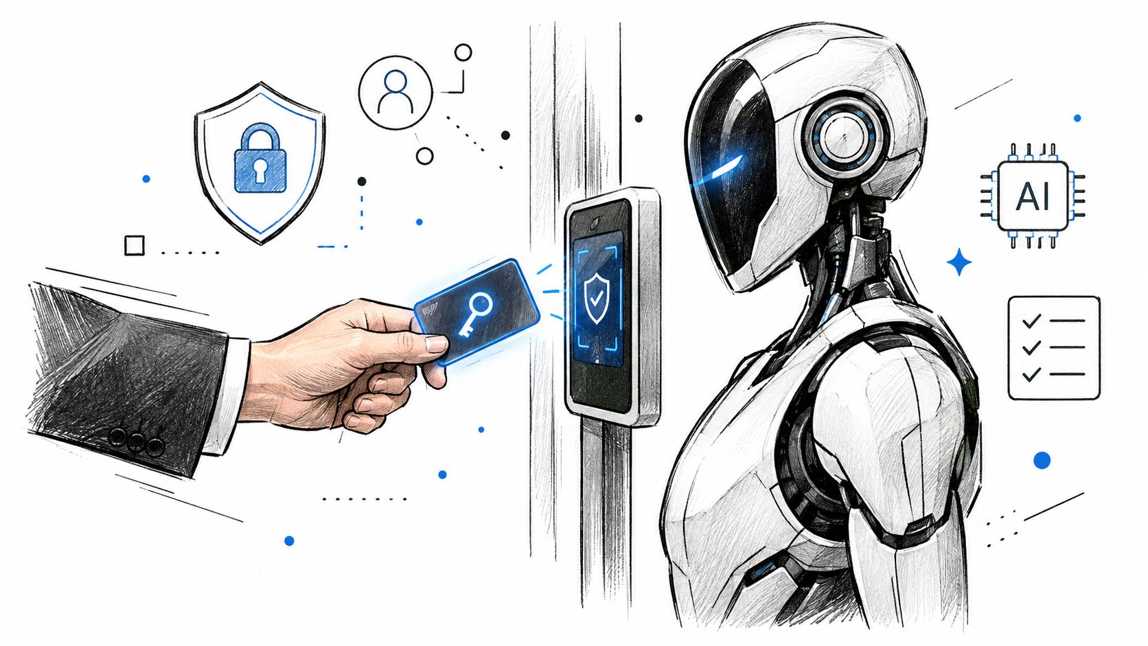 A hand scanning a digital key card at an AI-powered security access control terminal with robotic assistant.