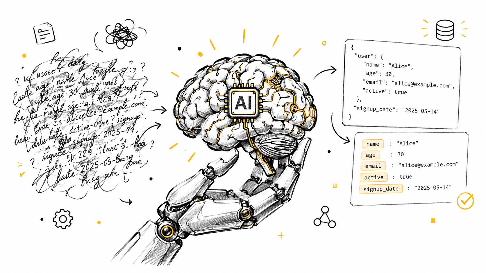 A robotic hand holds an AI brain processing chaotic data into structured JSON format for data management.