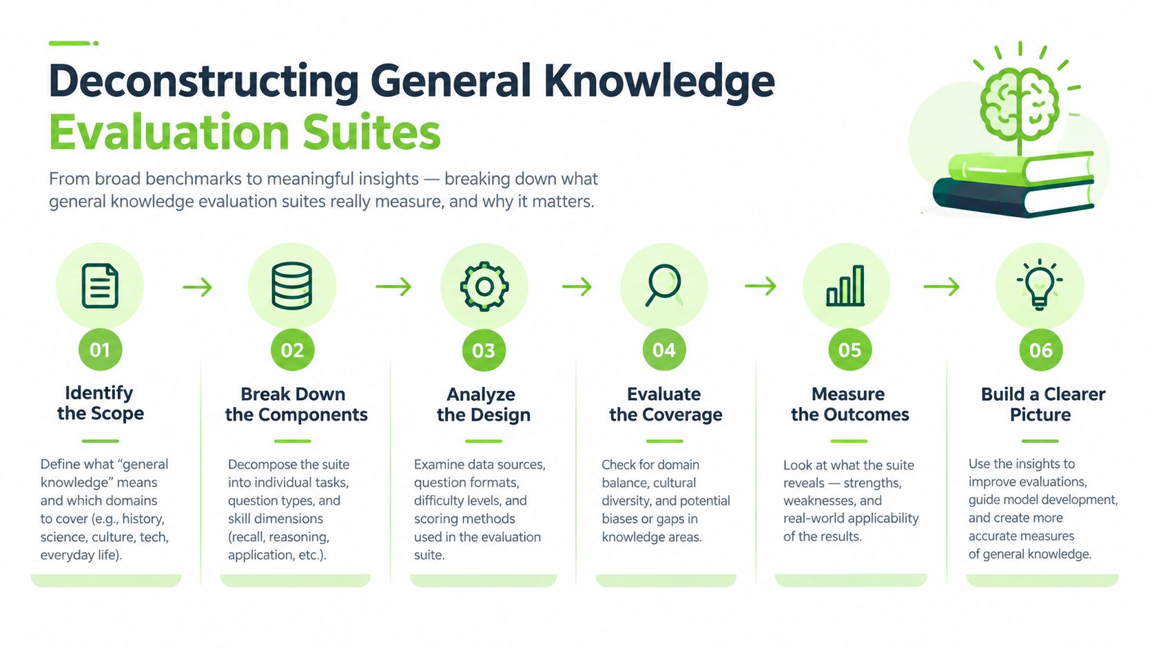 A six-step infographic illustrating a process for deconstructing and evaluating general knowledge benchmarks for artificial intelligence models.