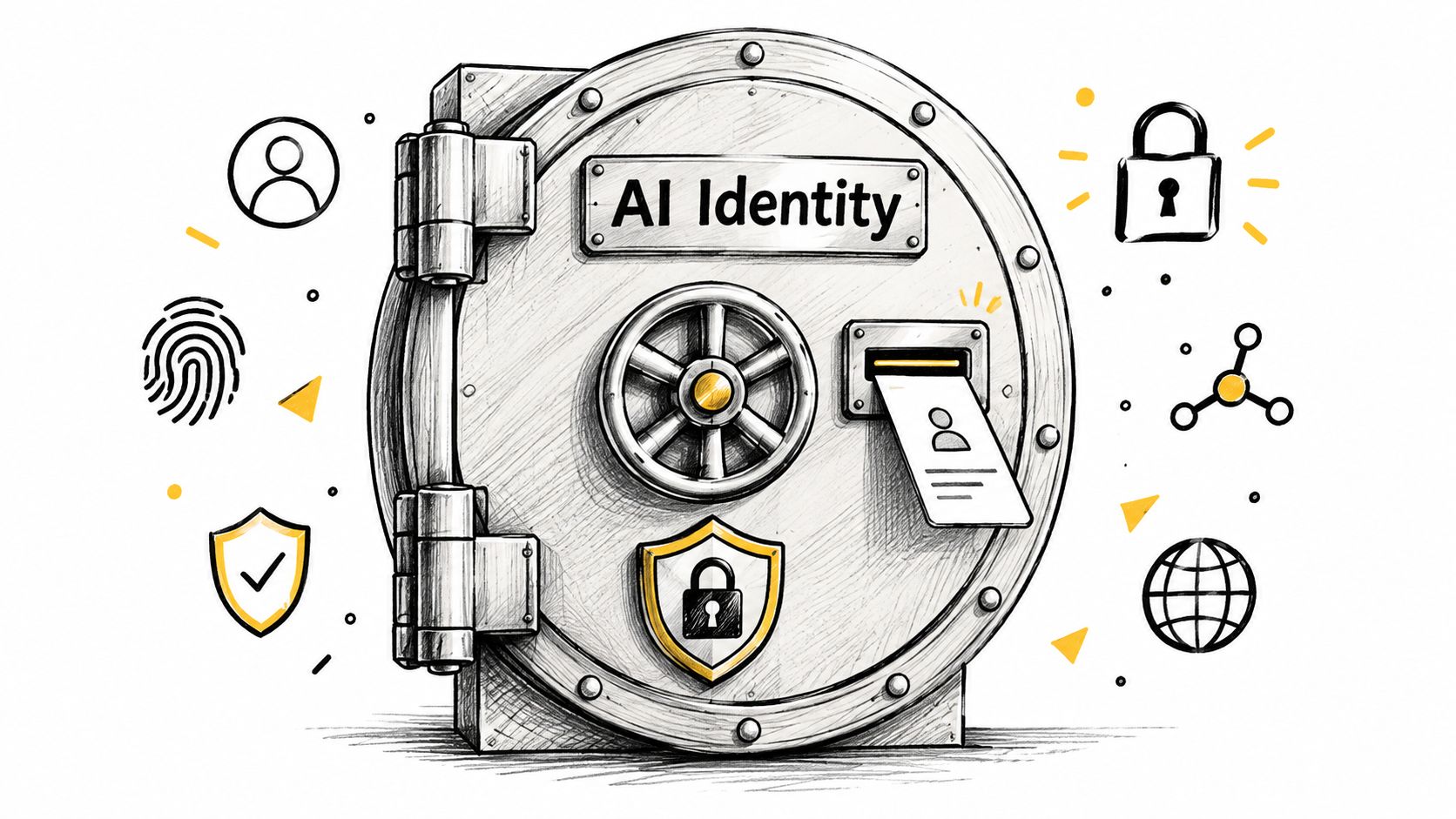 A hand-drawn illustration of a secure vault labeled AI Identity with various cybersecurity icons surrounding it.