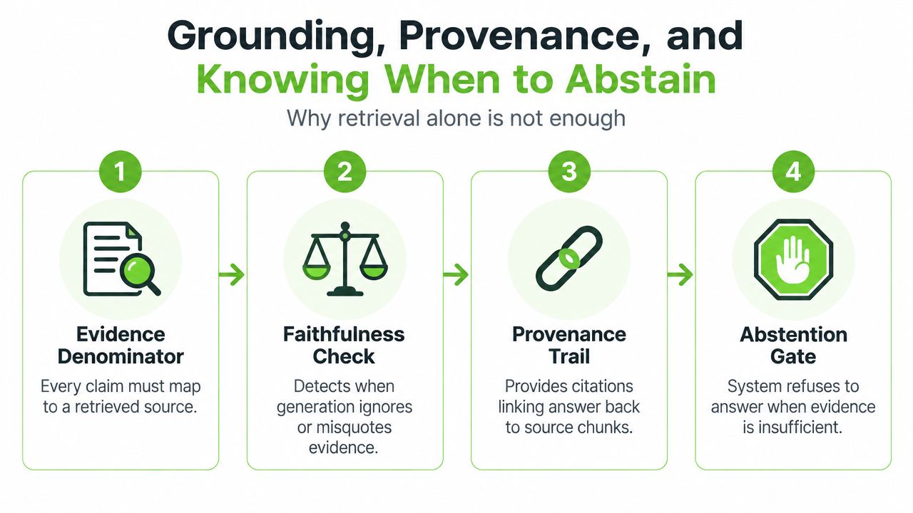 A diagram illustrating the four key processes of grounding, provenance, and abstention in AI systems.