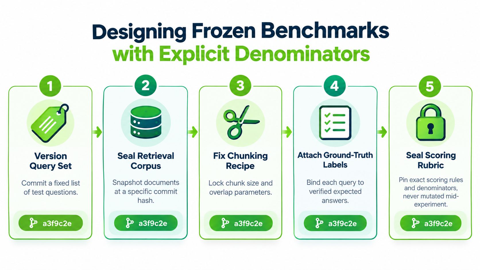 A five-step infographic illustrating a framework for designing frozen benchmarks with explicit denominators for RAG systems.