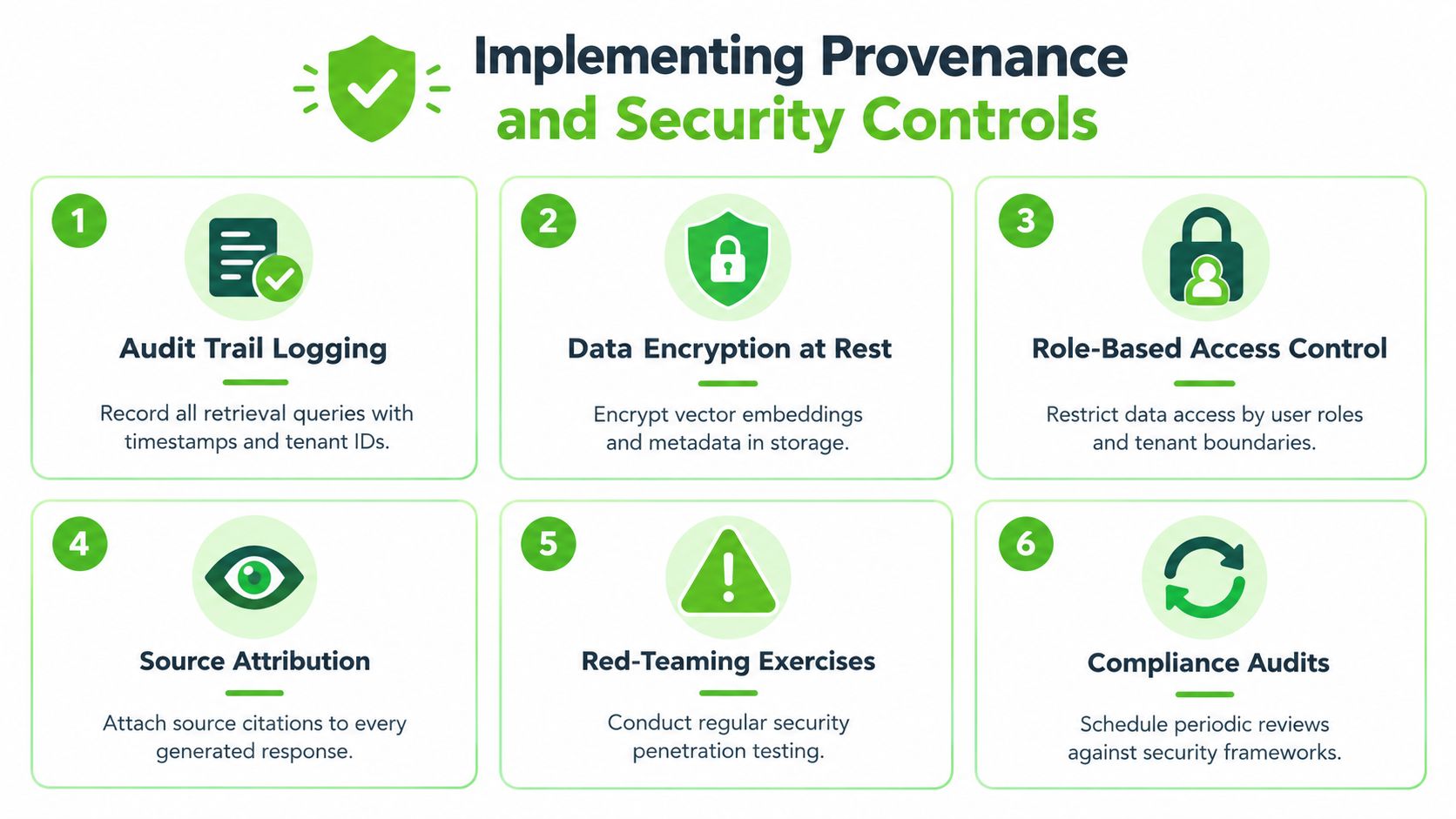 A diagram outlining six essential security controls for implementing data provenance in information systems.