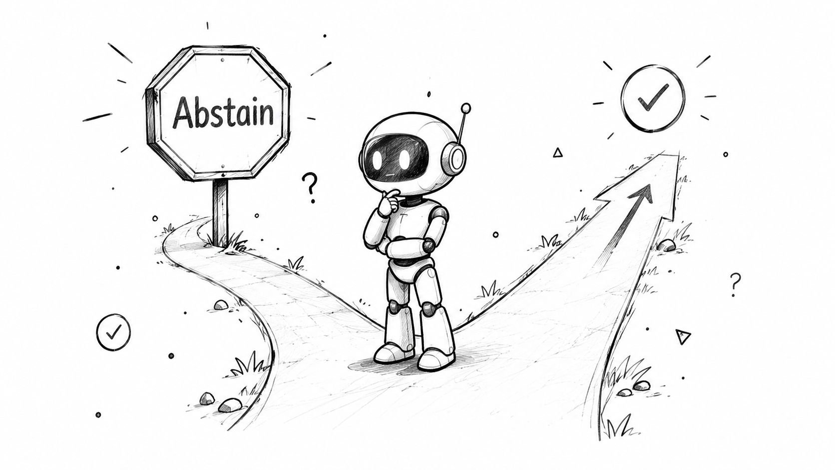 A robot stands at a fork in the road, pondering between choosing to abstain or moving forward.