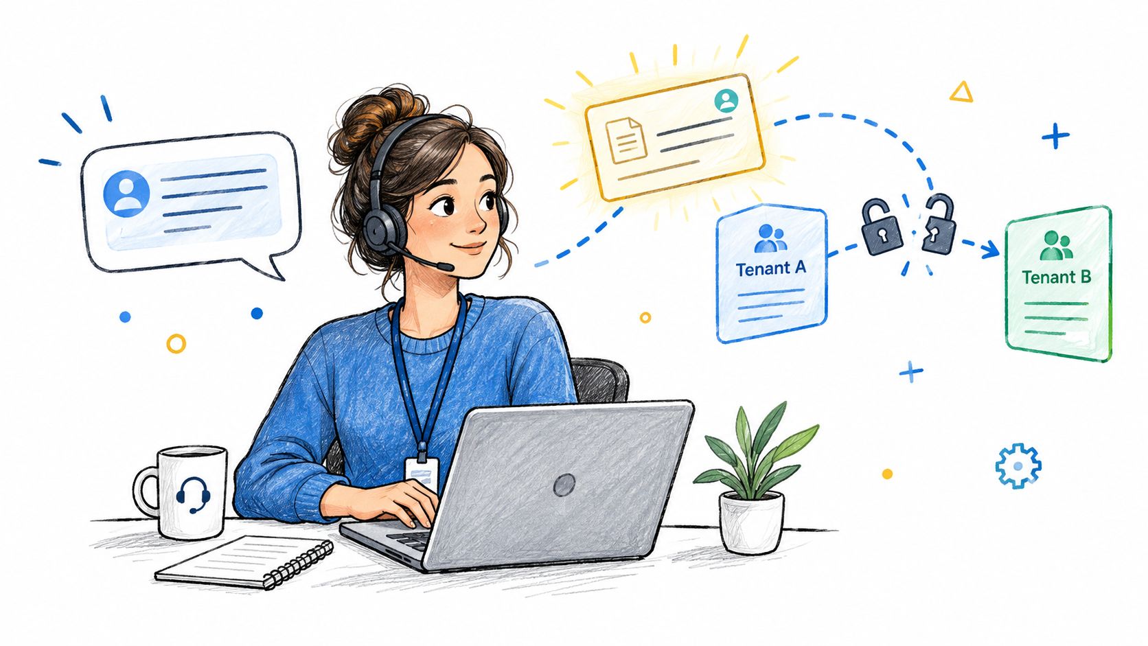 A friendly customer support agent working on a laptop, facilitating secure data transfer between two software tenants.
