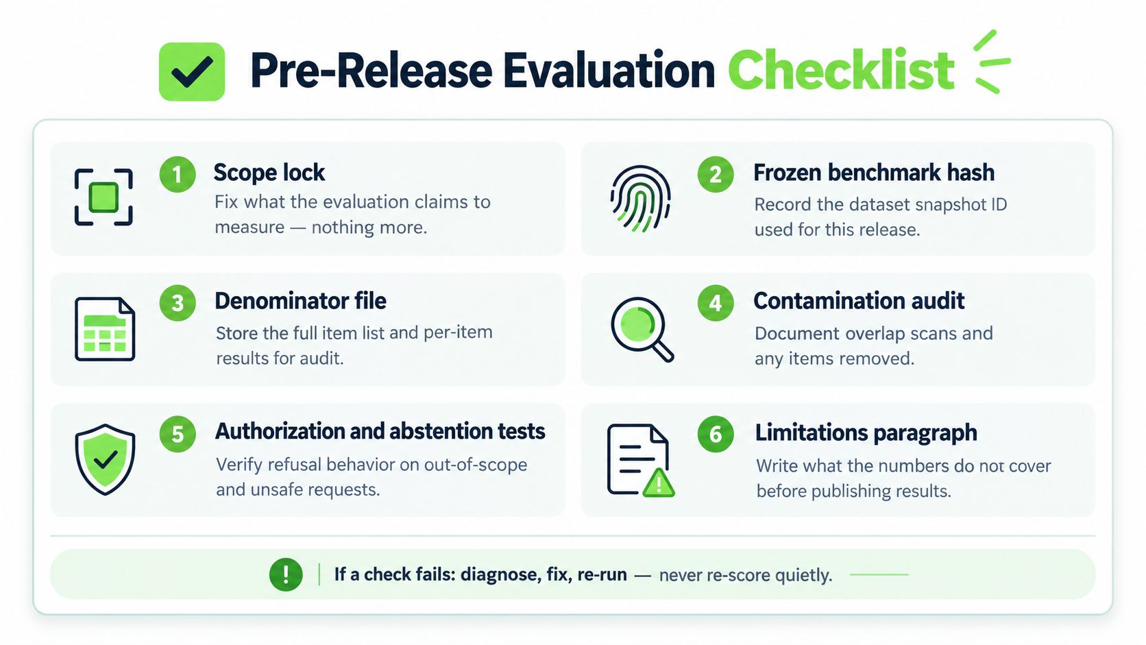 A Pre-Release Evaluation Checklist outlining six steps to ensure accurate and reliable system performance assessment.