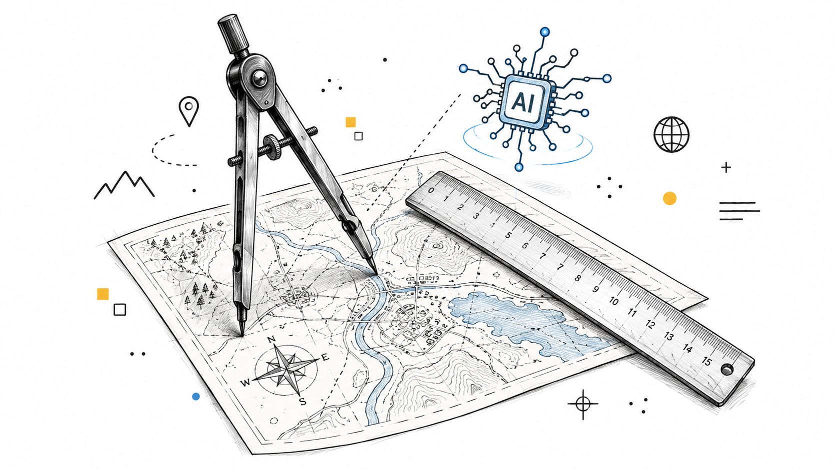 A map on a table being measured with a drafting compass and ruler under an AI icon.