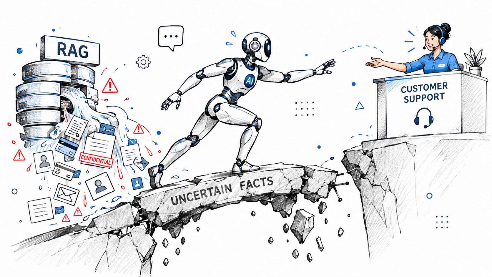 A robot walks across a bridge labeled Uncertain Facts while carrying sensitive documents to a customer support agent.