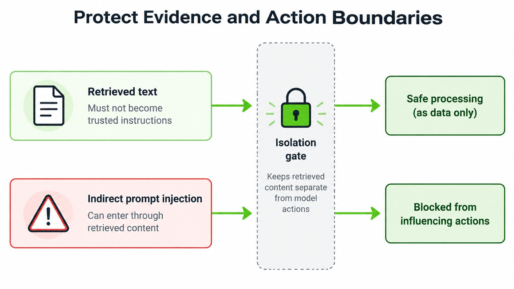 A diagram illustrating how an isolation gate protects evidence and prevents prompt injection in LLM processes.