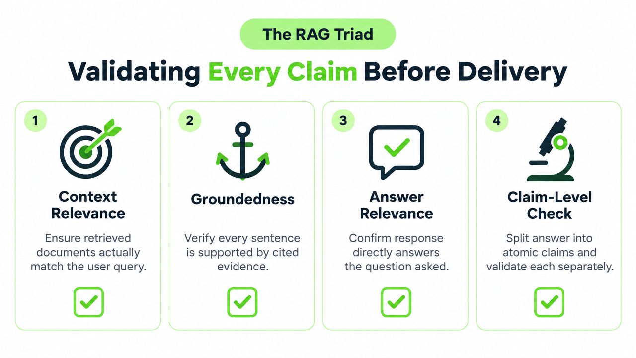 A diagram illustrating the RAG Triad framework for validating AI responses to prevent hallucinations.